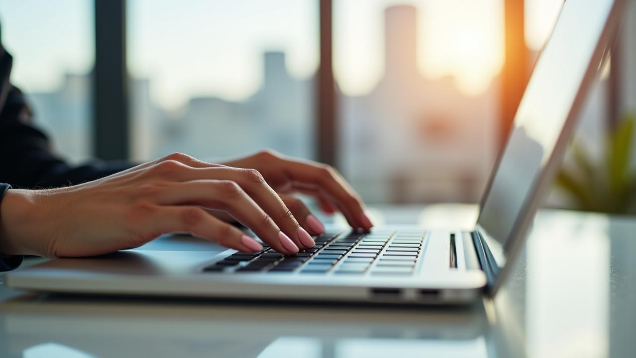 Close-up of a professional woman with a clean gel manicure typing on a sleek laptop in a bright San Francisco office
